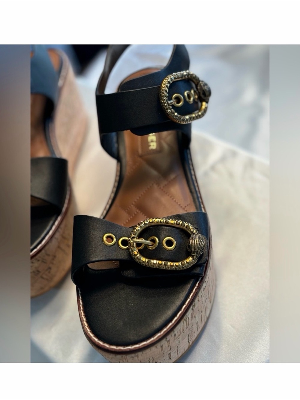 Kurt Geiger Black Leather Cork Platform Sandals with Gold Buckles - Picture 4 of 5
